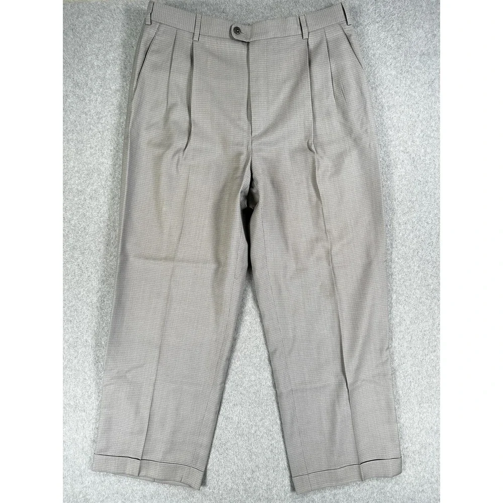 Zanella Austin Dress Pants Mens 35x28 Gray Check Pleated Cuffed Made In Italy